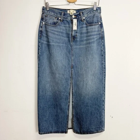 Madewell Mid Rise Denim Maxi Jean Skirt Womens 26 Blue Front Middle Slit NWT - Picture 2 of 12